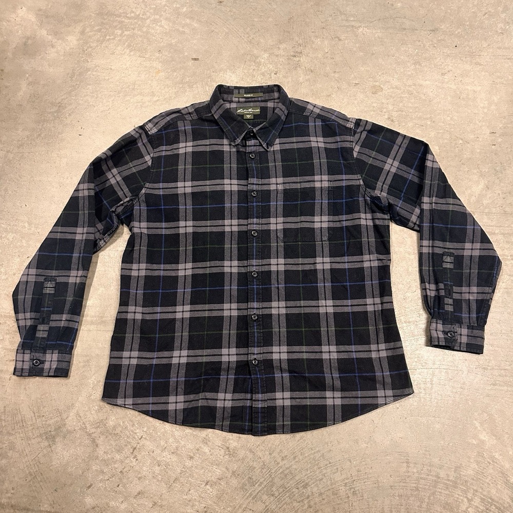 Eddie Bauer Button-Down Shirt Mens XL Black Plaid Relaxed Fit Casual Outdoors